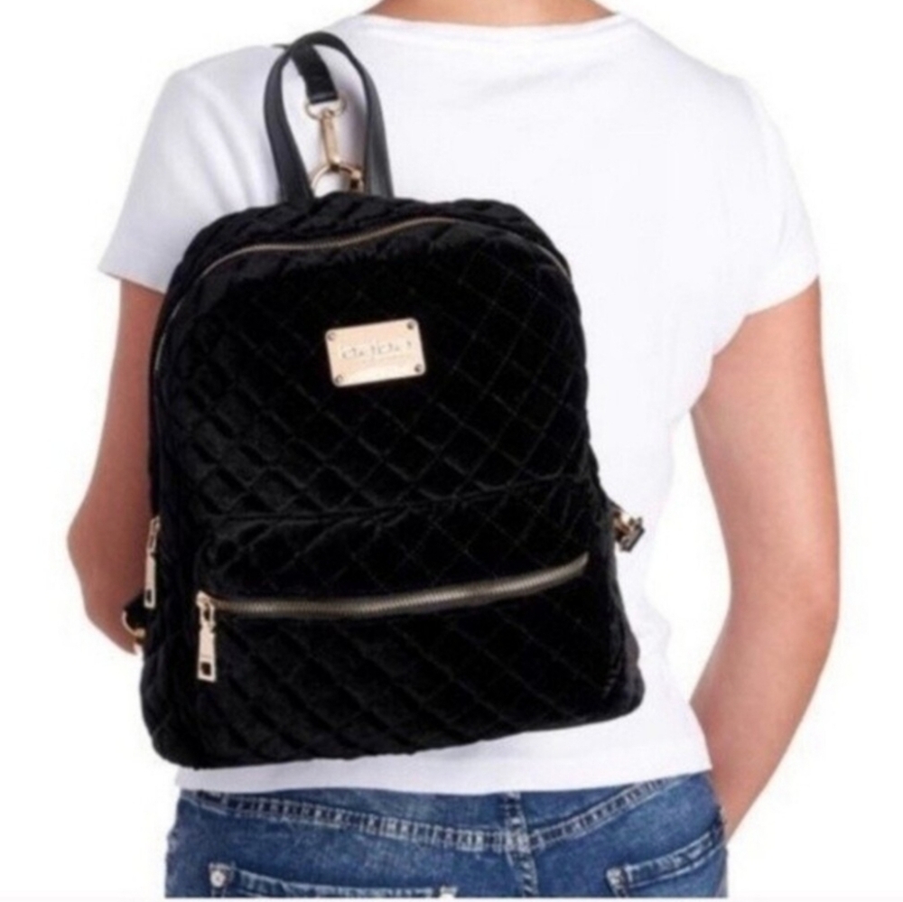 BEBE Black Velvet Diamond Quilted Mini Backpack Shoulder Bag Purse Carryall
